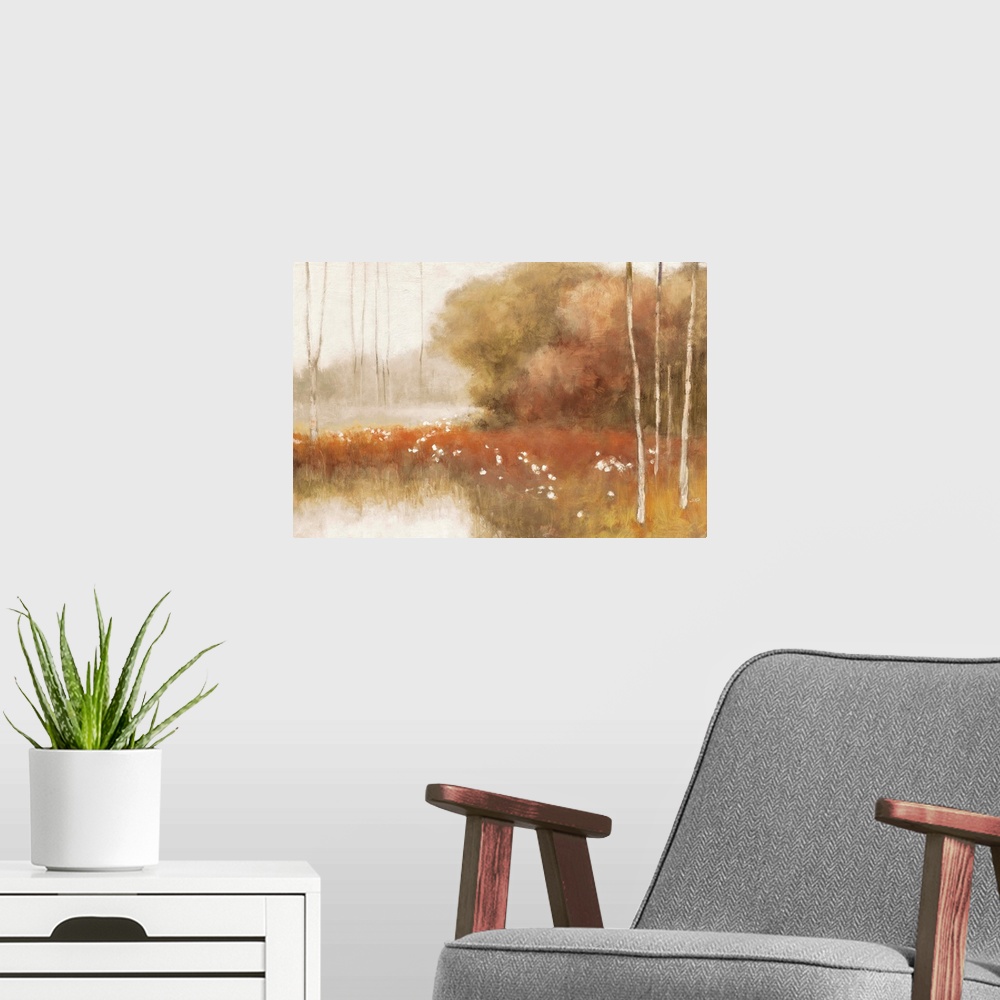 A modern room featuring Abstract landscape painting of birch trees in the Fall.
