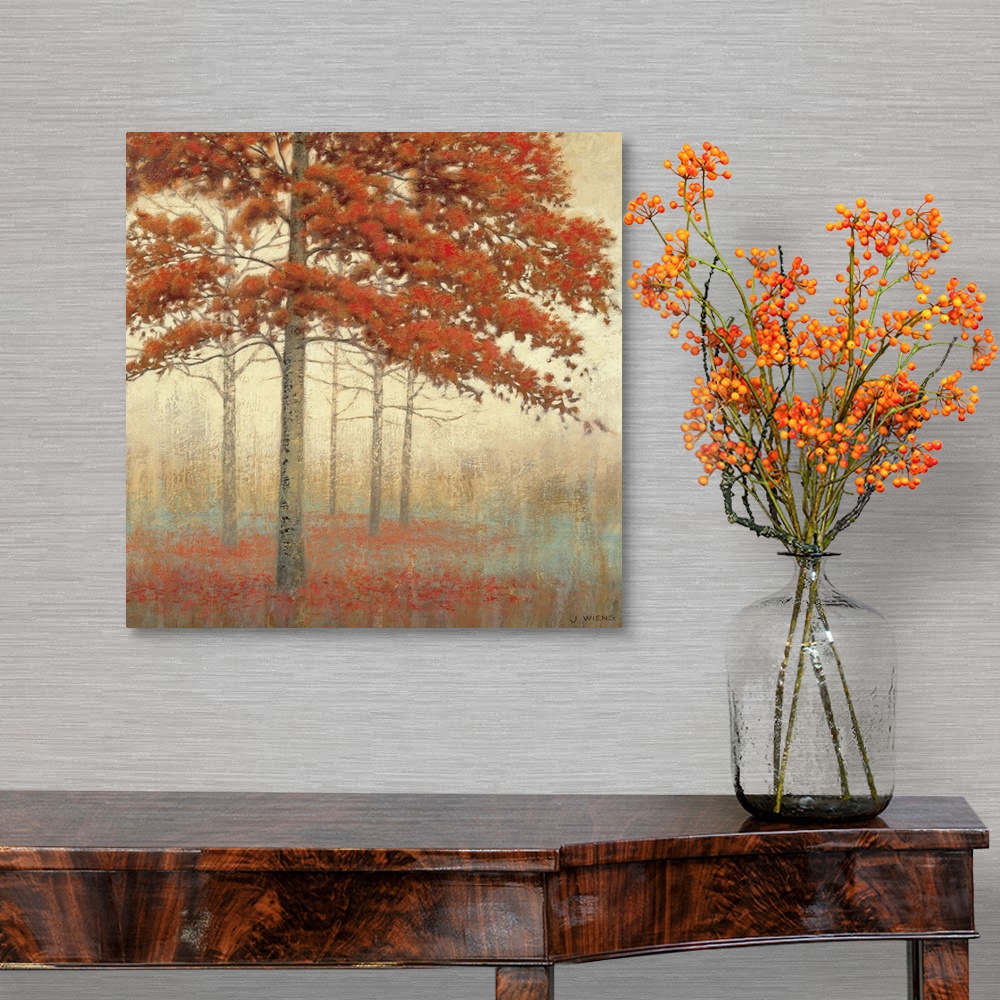 A traditional room featuring Brushstroke painting of a tree with fall colors in a small forest with a bed of flowers at it's b...