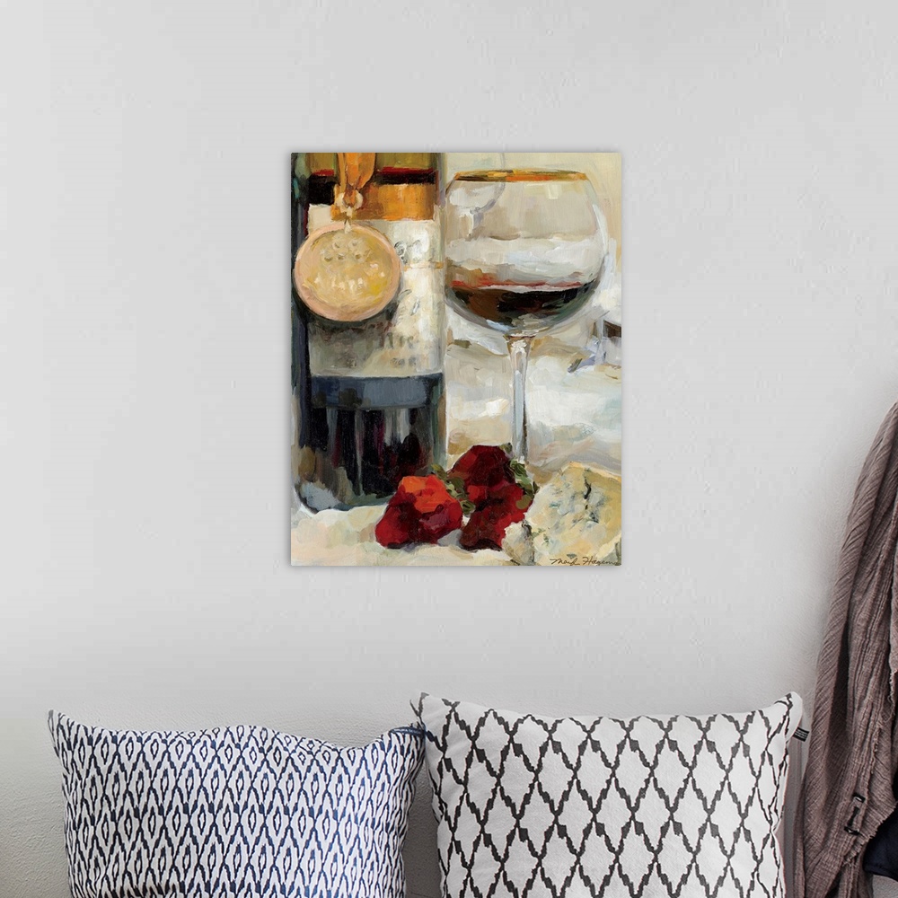 A bohemian room featuring Big contemporary art showcases a bottle of fermented grape juice with a medal draped over it sitt...