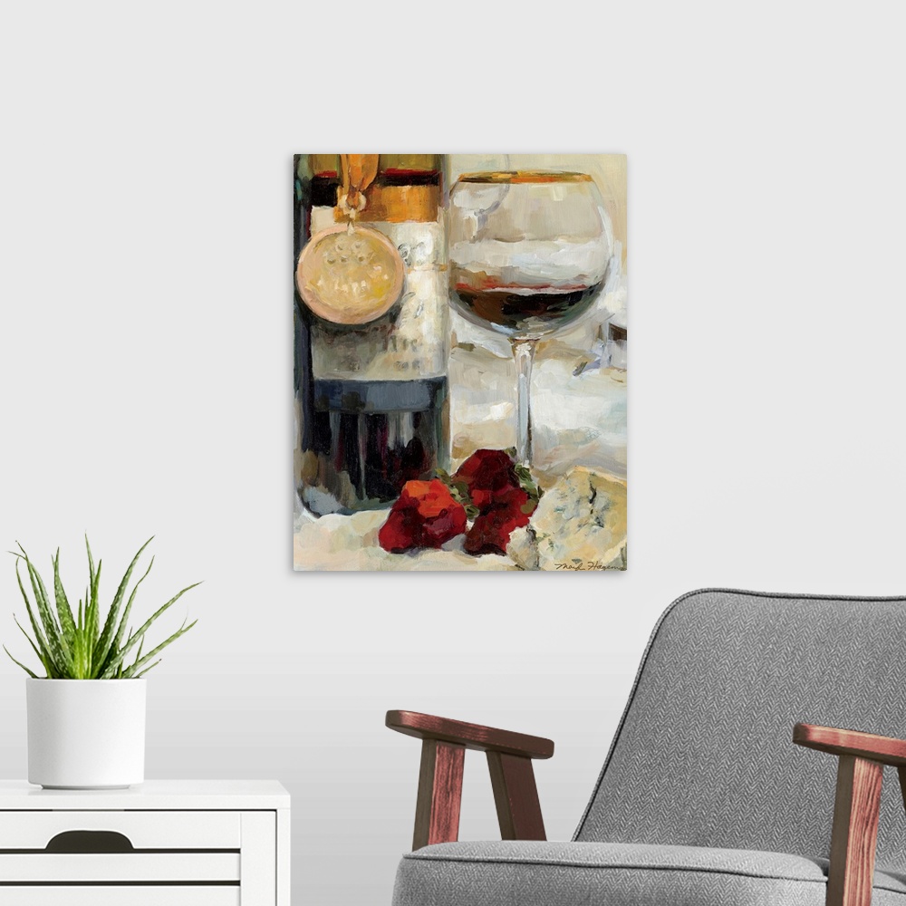A modern room featuring Big contemporary art showcases a bottle of fermented grape juice with a medal draped over it sitt...