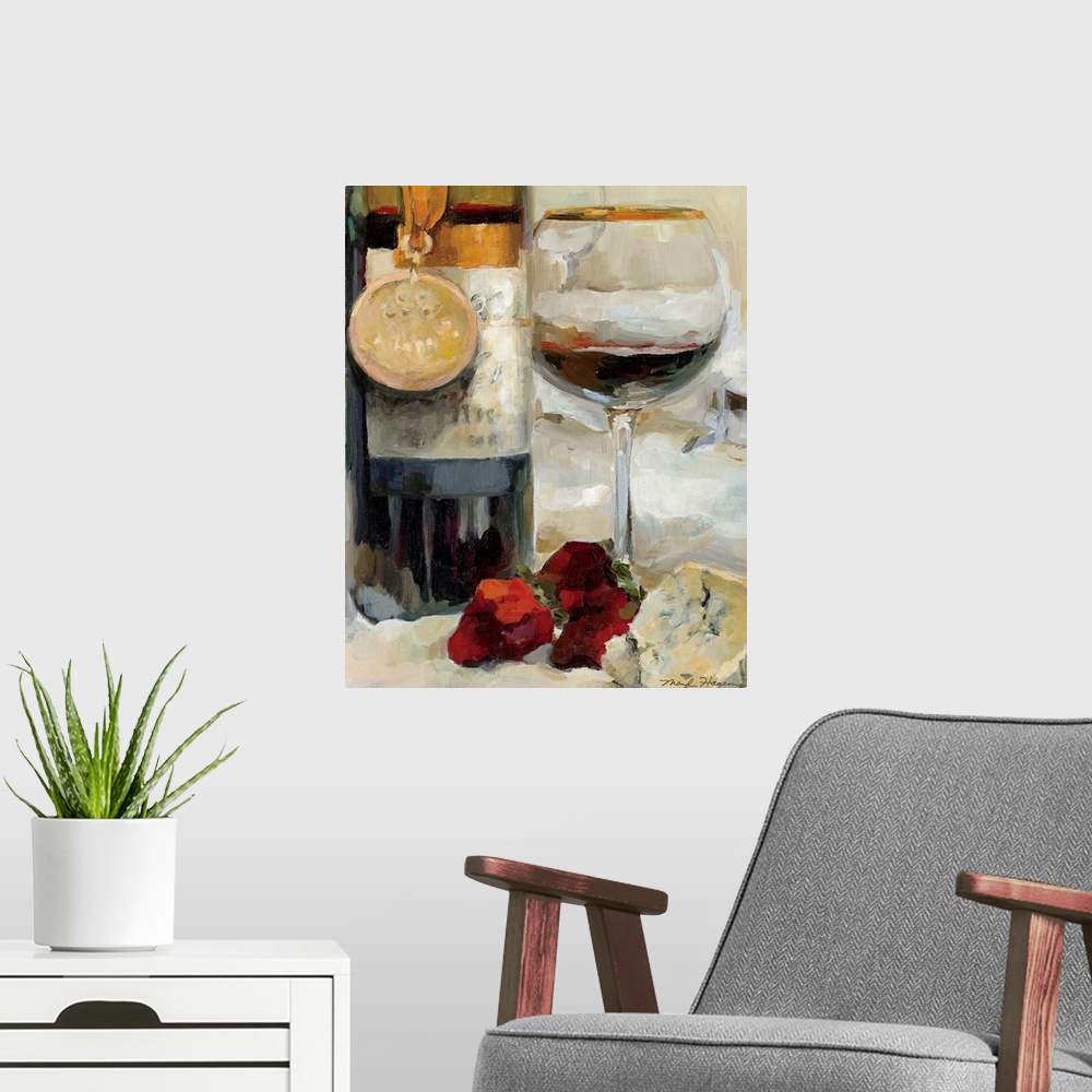 A modern room featuring Big contemporary art showcases a bottle of fermented grape juice with a medal draped over it sitt...