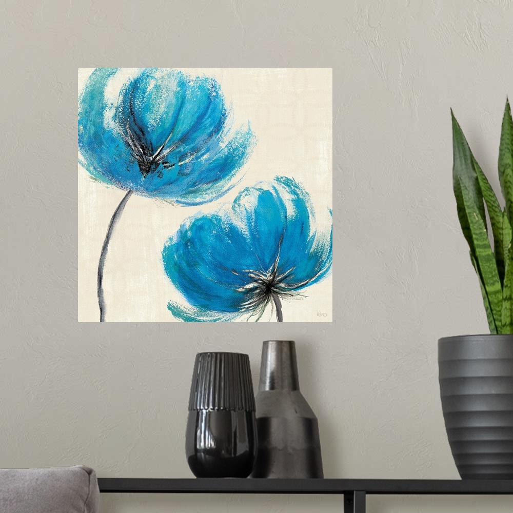 A modern room featuring Large contemporary art focuses on two lone flowers constructed of bright cool tones positioned ag...