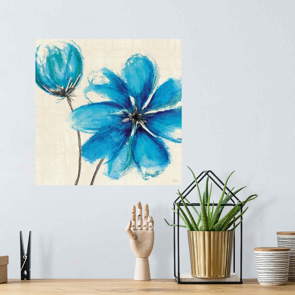 A bohemian room featuring Up-close painting of flower and flower bud that has not yet blossomed.