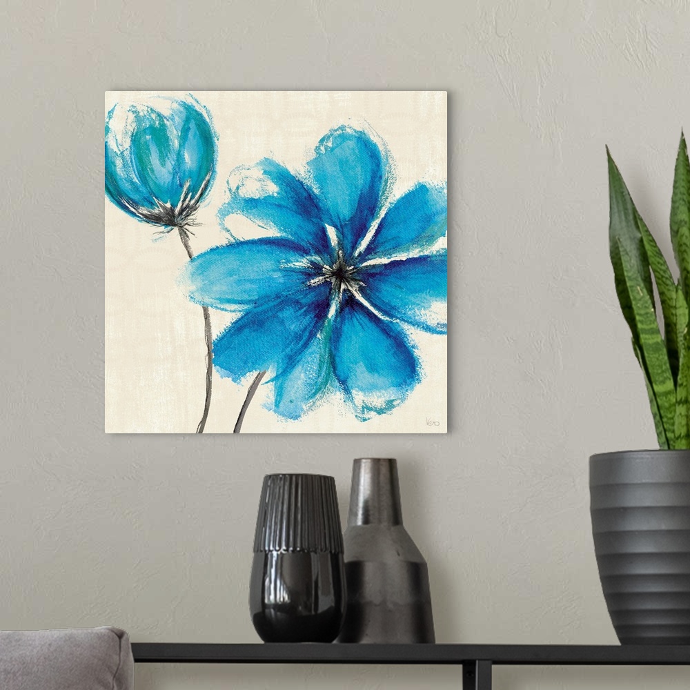 A modern room featuring Up-close painting of flower and flower bud that has not yet blossomed.