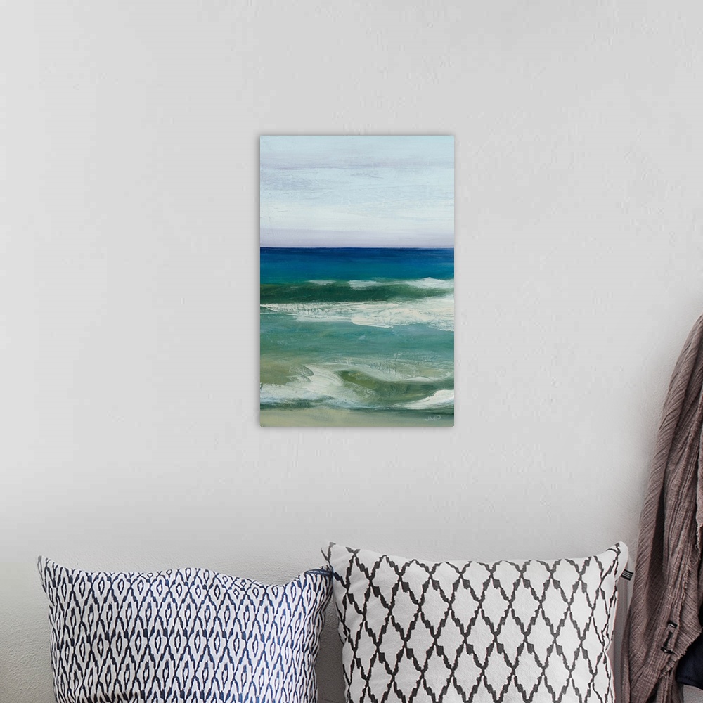 A bohemian room featuring Contemporary artwork of textured brush strokes that carve out a serene ocean scene.