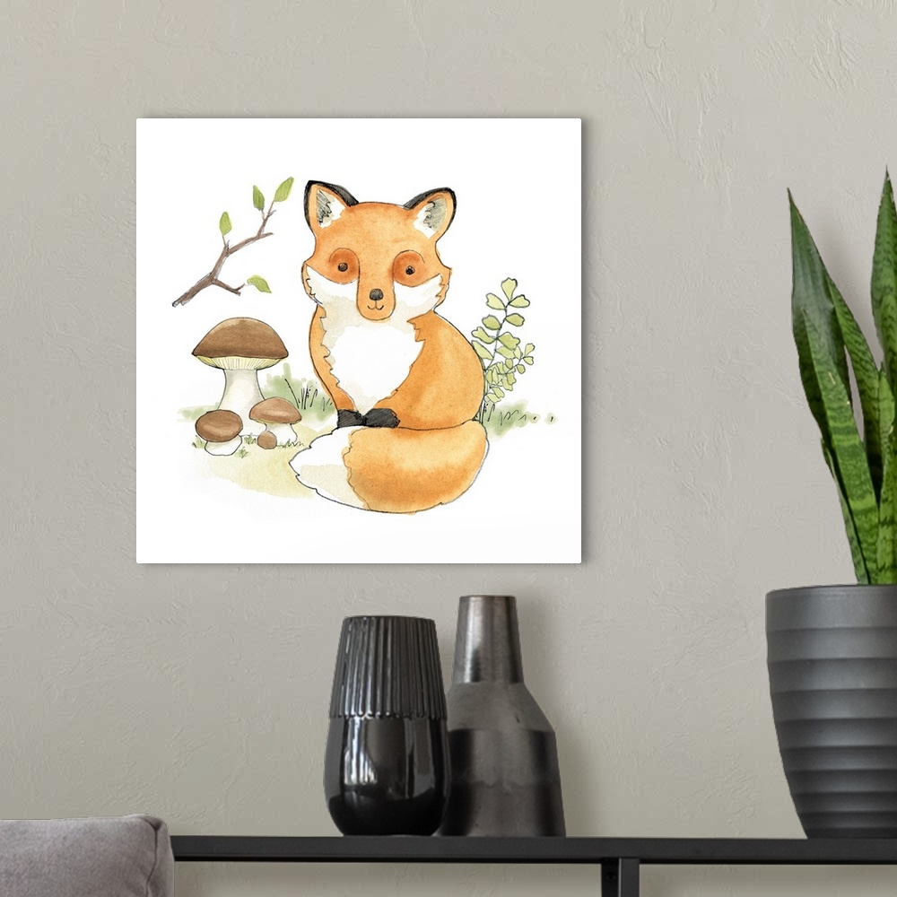 A modern room featuring Watercolor painting of a baby fox surrounded by plants and mushrooms.