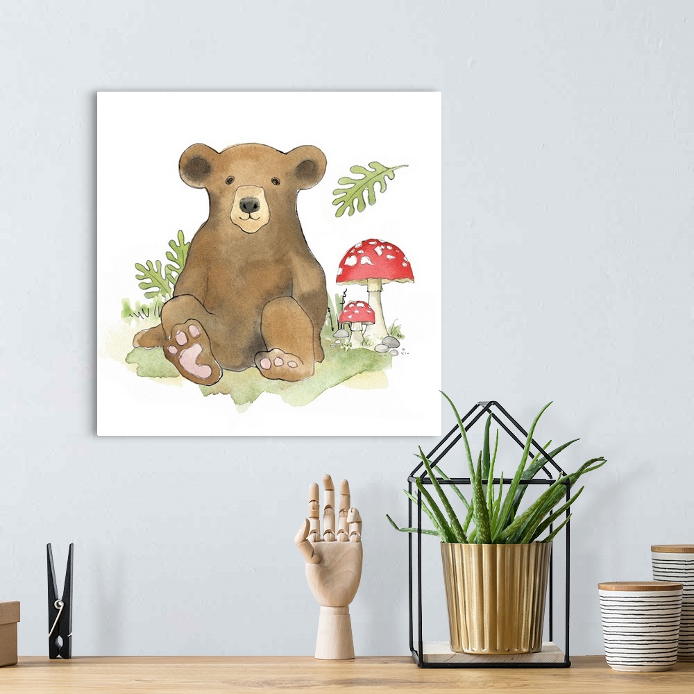 A bohemian room featuring Watercolor painting of a baby brown bear surrounded by plants and mushrooms.