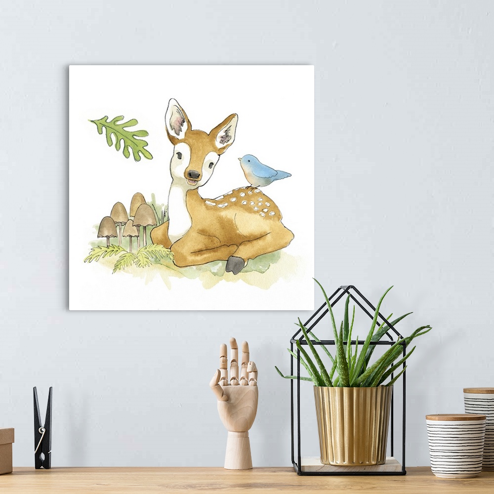 A bohemian room featuring Watercolor painting of a fawn with a blue songbird surrounded by plants and mushrooms.