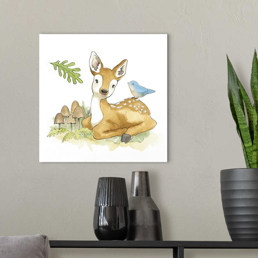 A modern room featuring Watercolor painting of a fawn with a blue songbird surrounded by plants and mushrooms.