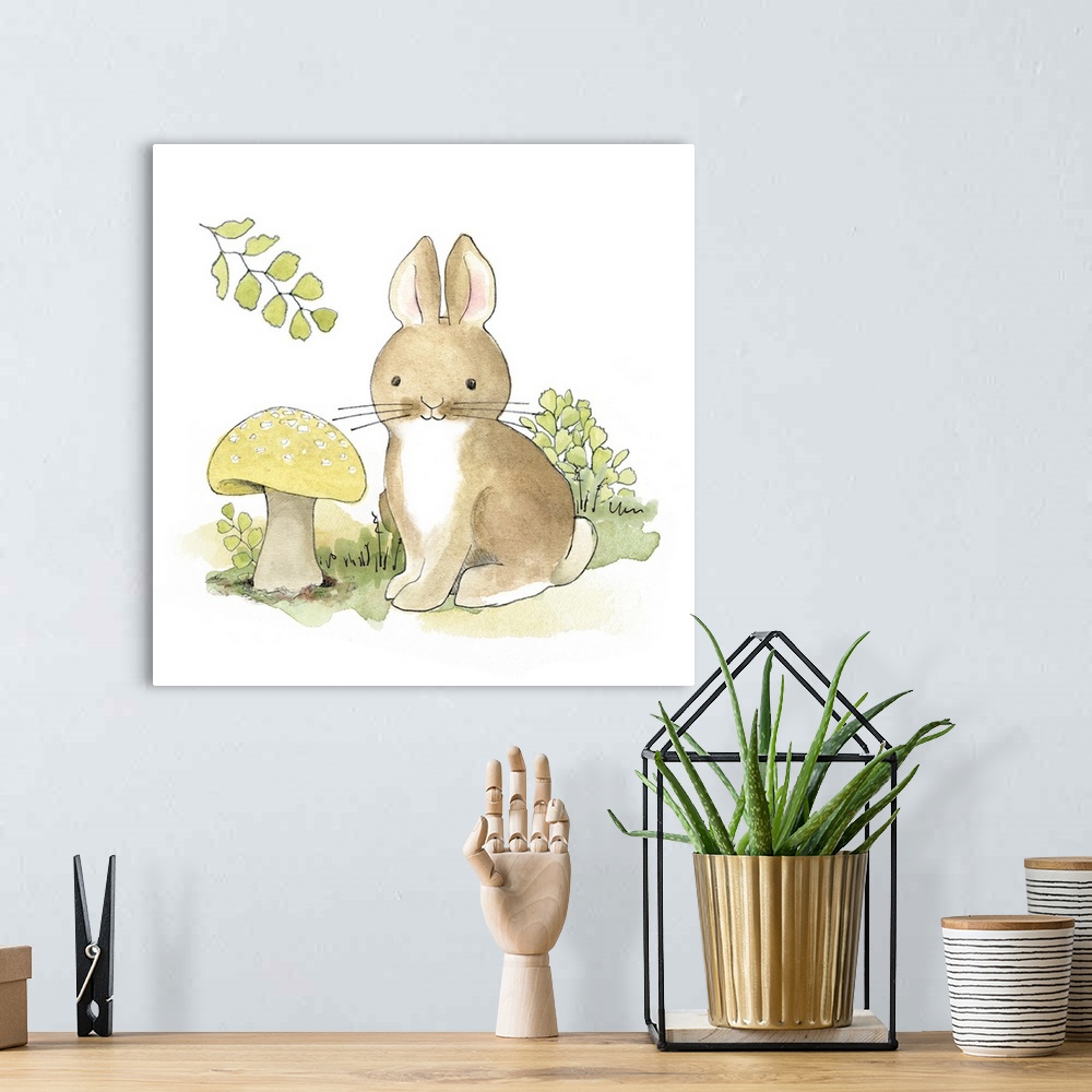 A bohemian room featuring Watercolor painting of a baby bunny surrounded by plants and a giant mushroom.