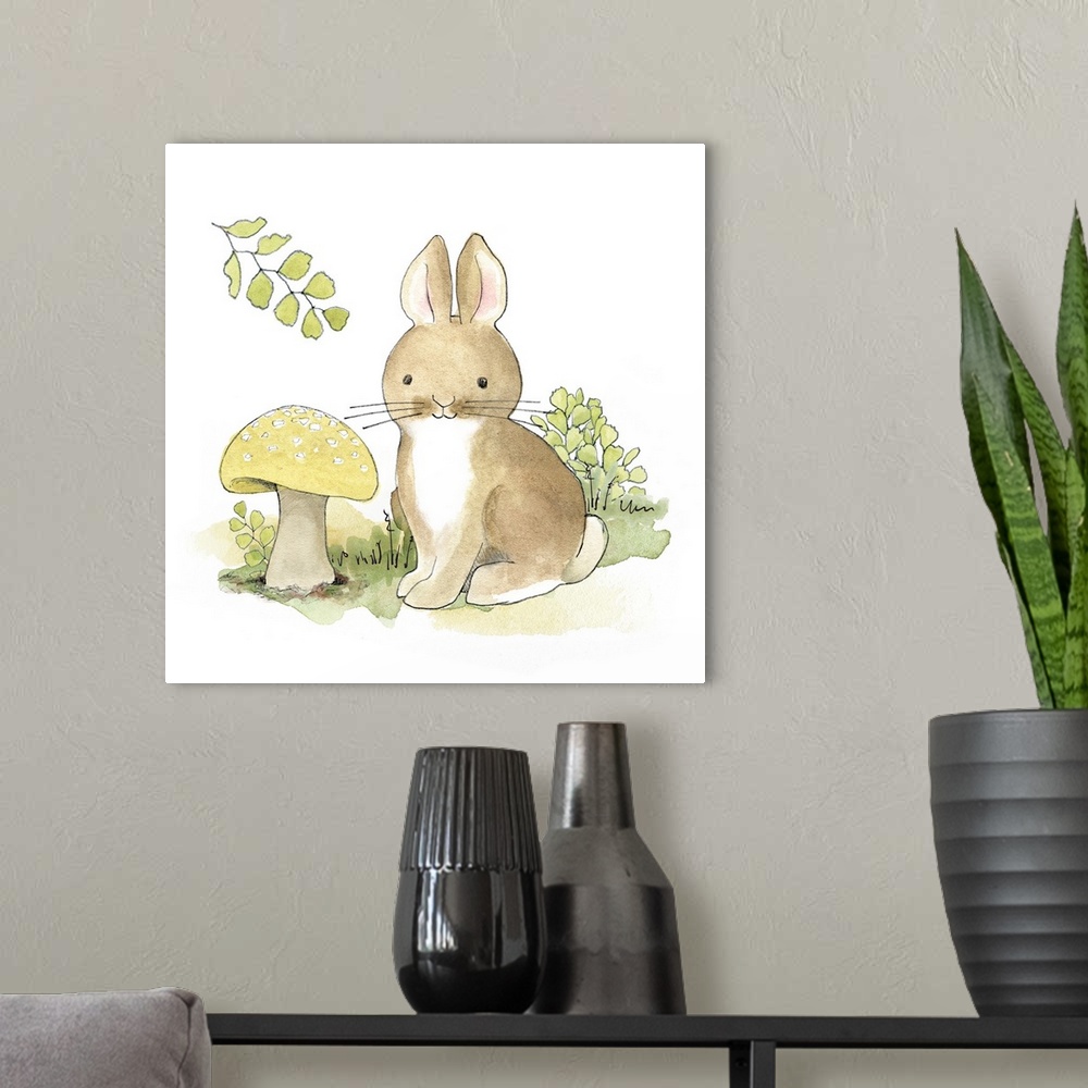 A modern room featuring Watercolor painting of a baby bunny surrounded by plants and a giant mushroom.