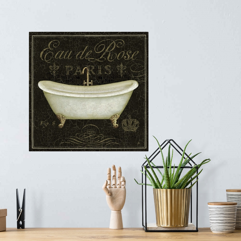 A bohemian room featuring Square painting of a bathtub on top of a textured and dark background with french writing.