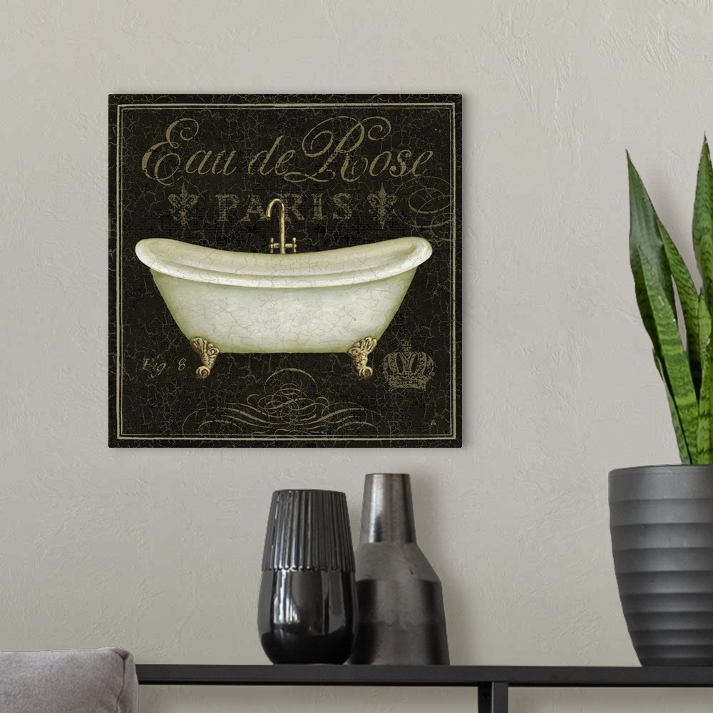 A modern room featuring Square painting of a bathtub on top of a textured and dark background with french writing.