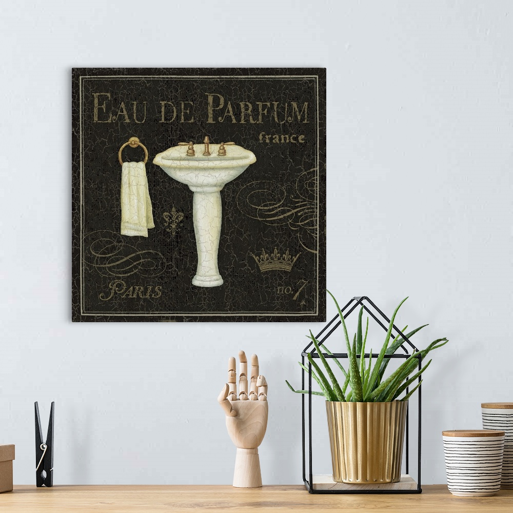 A bohemian room featuring Image of a pedestal sink and ring towel holder with the text "Eau de Parfum."