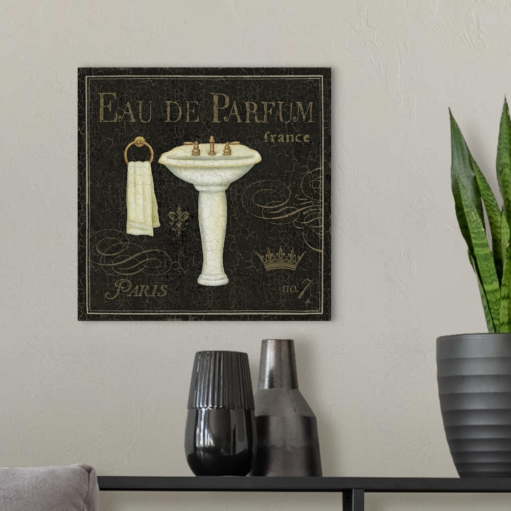 A modern room featuring Image of a pedestal sink and ring towel holder with the text "Eau de Parfum."