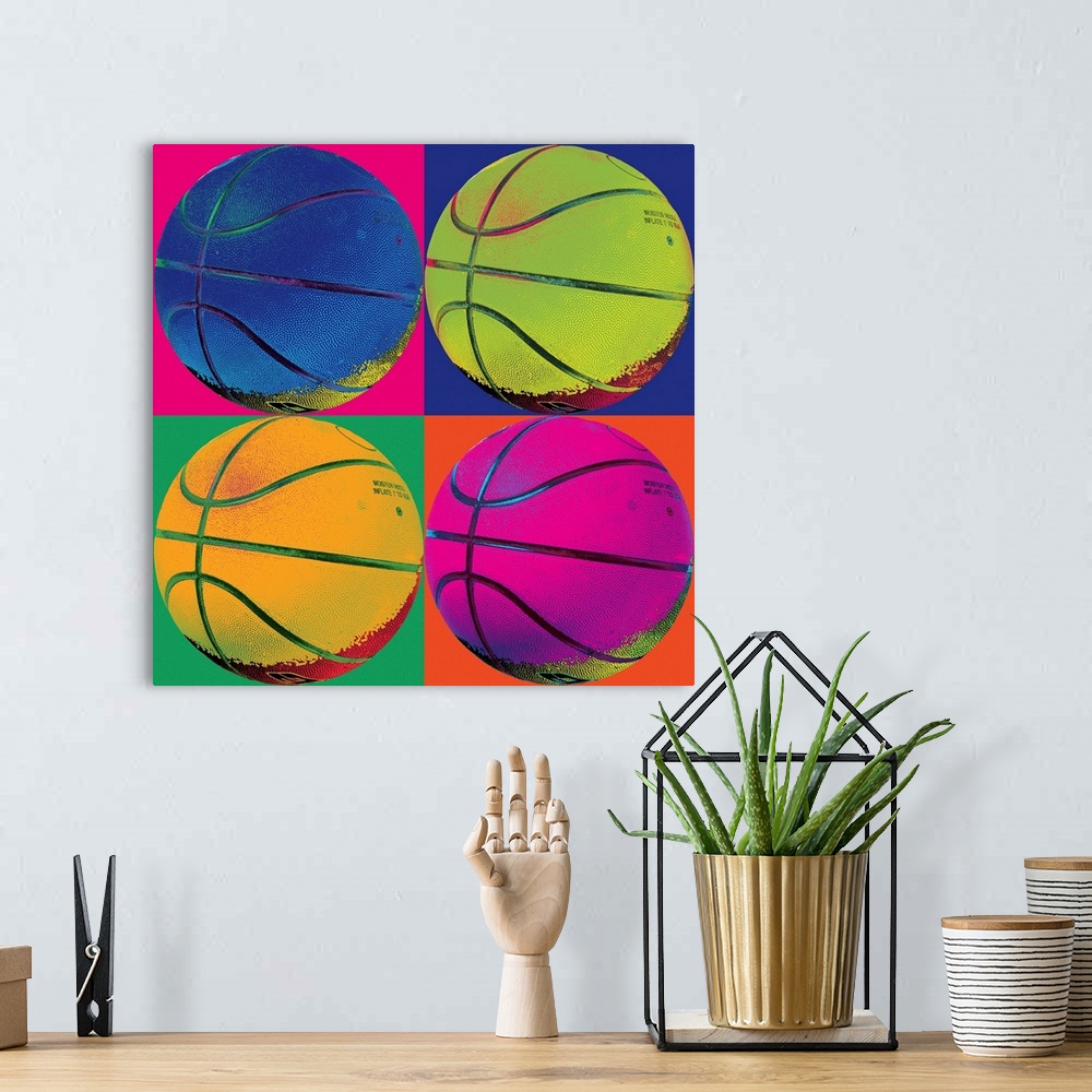 A bohemian room featuring Pop-art image of four neon colored basketballs in a 2x2 grid layout.