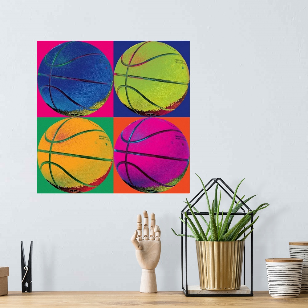A bohemian room featuring Pop-art image of four neon colored basketballs in a 2x2 grid layout.