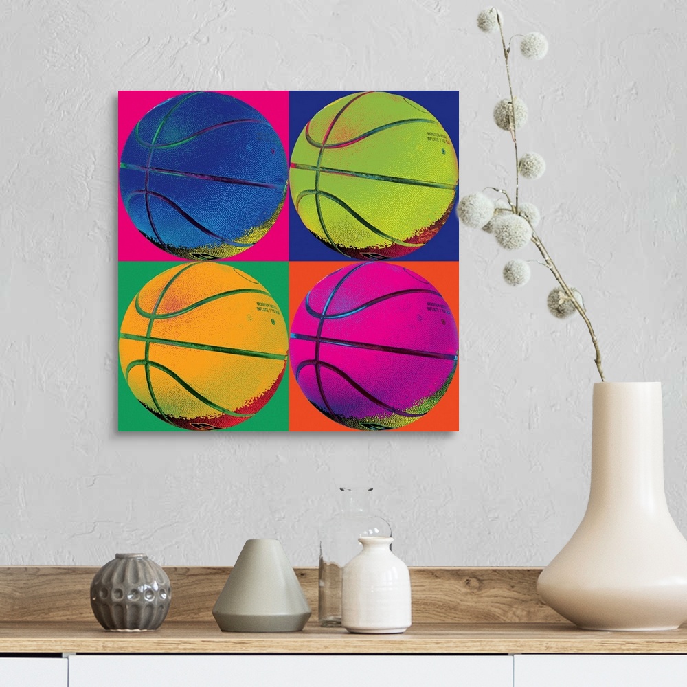 A farmhouse room featuring Pop-art image of four neon colored basketballs in a 2x2 grid layout.