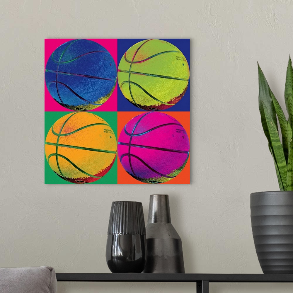 A modern room featuring Pop-art image of four neon colored basketballs in a 2x2 grid layout.
