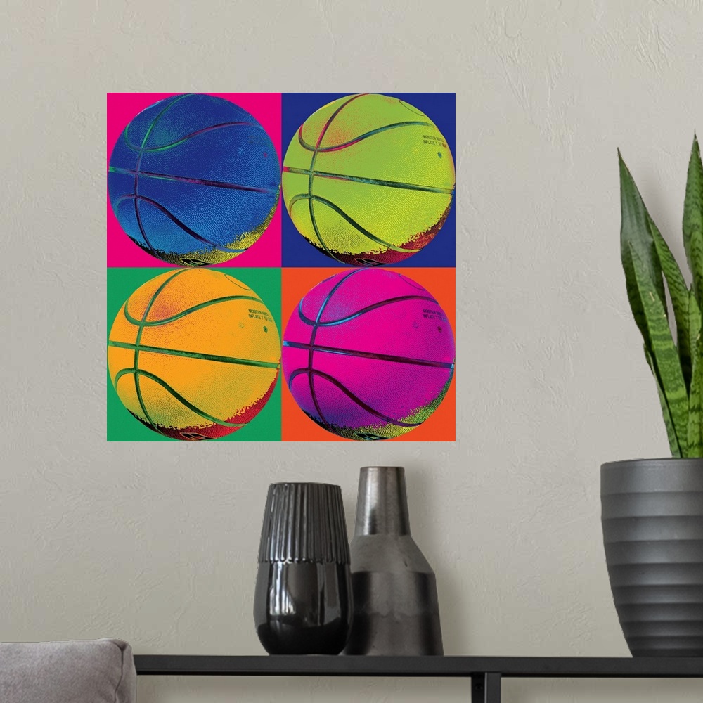 A modern room featuring Pop-art image of four neon colored basketballs in a 2x2 grid layout.