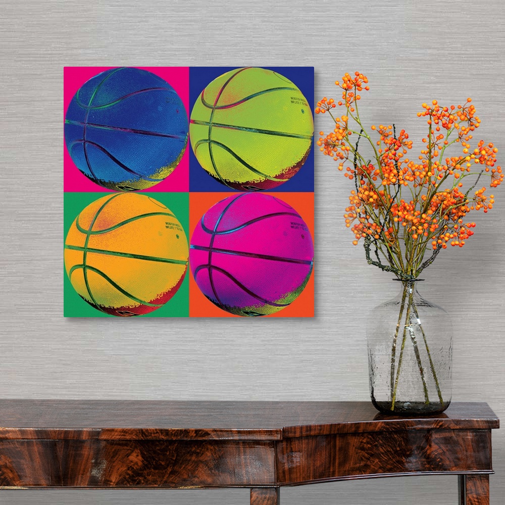 A traditional room featuring Pop-art image of four neon colored basketballs in a 2x2 grid layout.