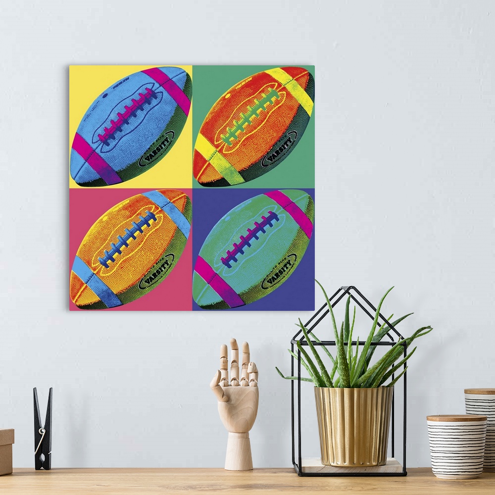 A bohemian room featuring A pop art style rendering of a football copied in to four multi-colored squares.