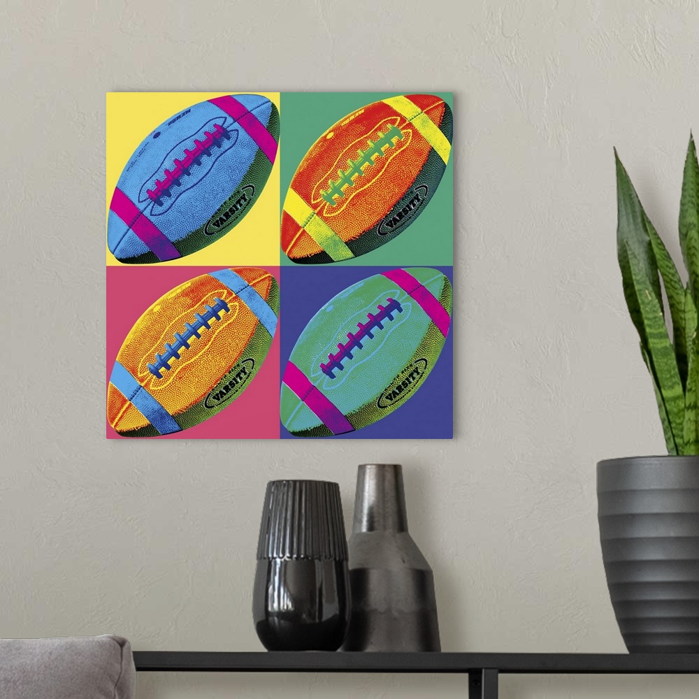 A modern room featuring A pop art style rendering of a football copied in to four multi-colored squares.