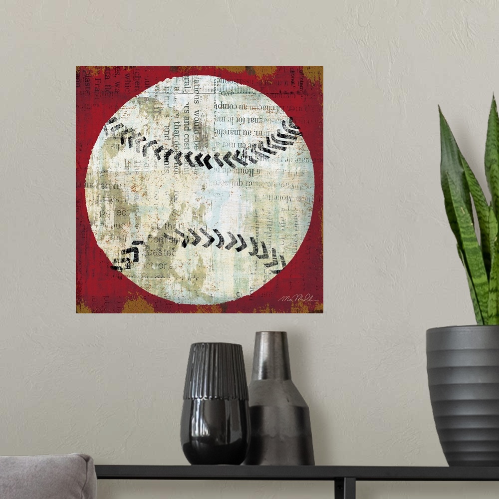 A modern room featuring Square shaped and sports themed wall art; a simplified baseball painted on top of a collage of a ...