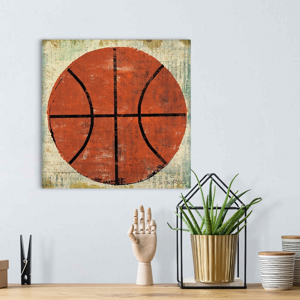 A bohemian room featuring This square shaped wall art is perfect for a sport enthusiast shows a basketball painted over a c...