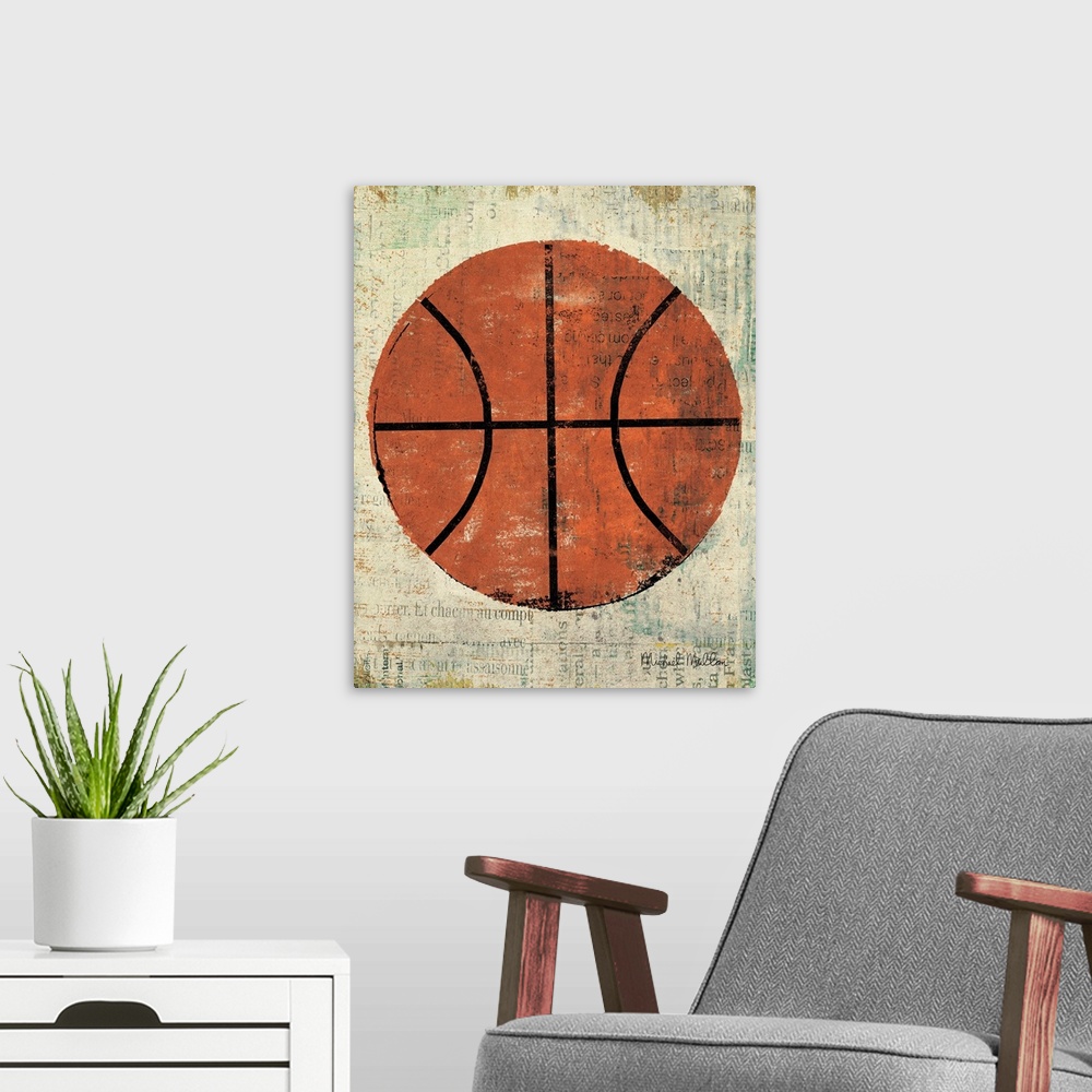A modern room featuring Contemporary artwork of a basketball against a weathered beige background.