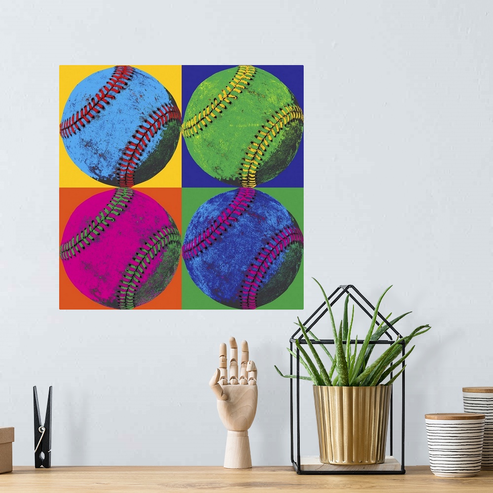 A bohemian room featuring Pop-art photograph of four neon colored baseballs arranged in a grid pattern with colorful contra...
