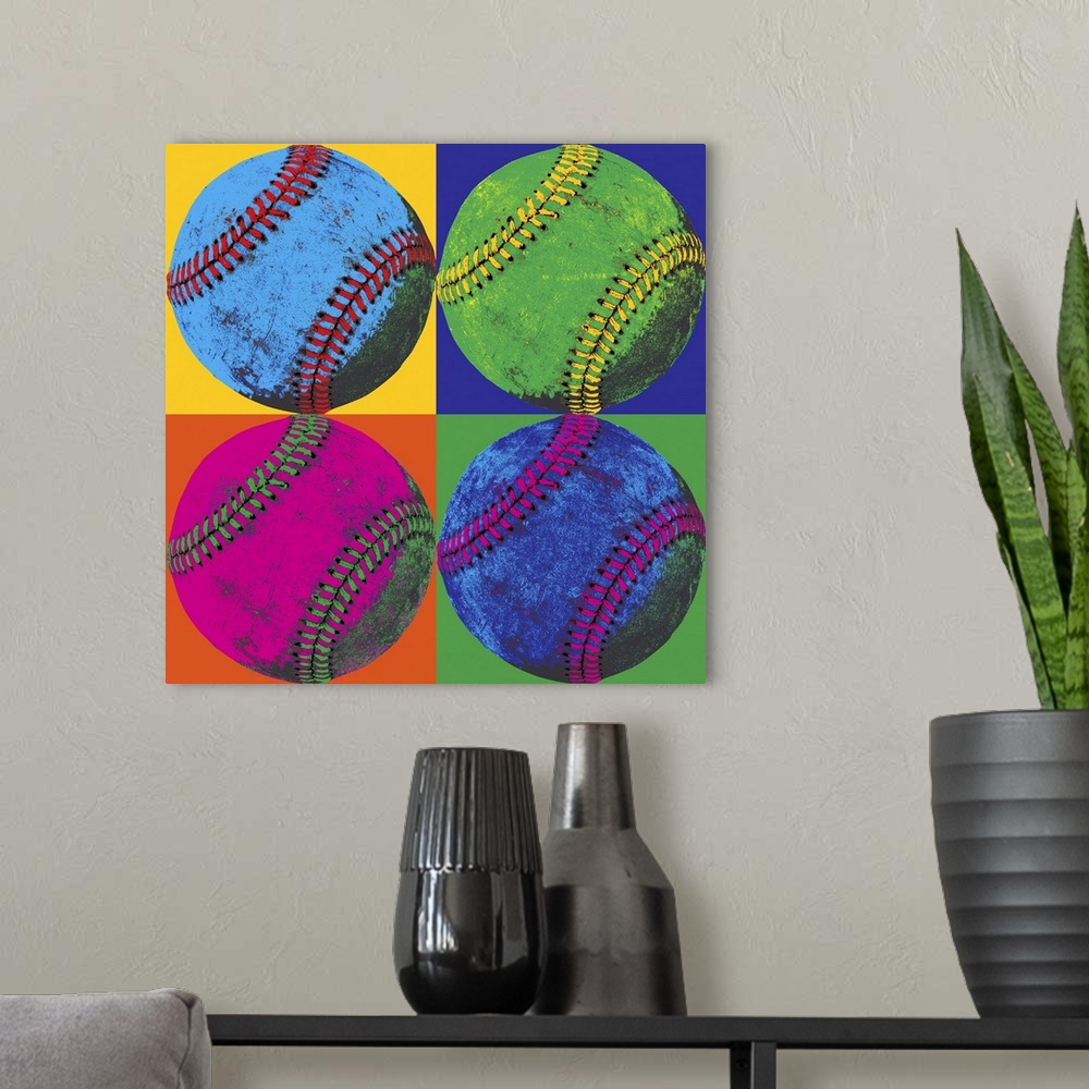 A modern room featuring Pop-art photograph of four neon colored baseballs arranged in a grid pattern with colorful contra...
