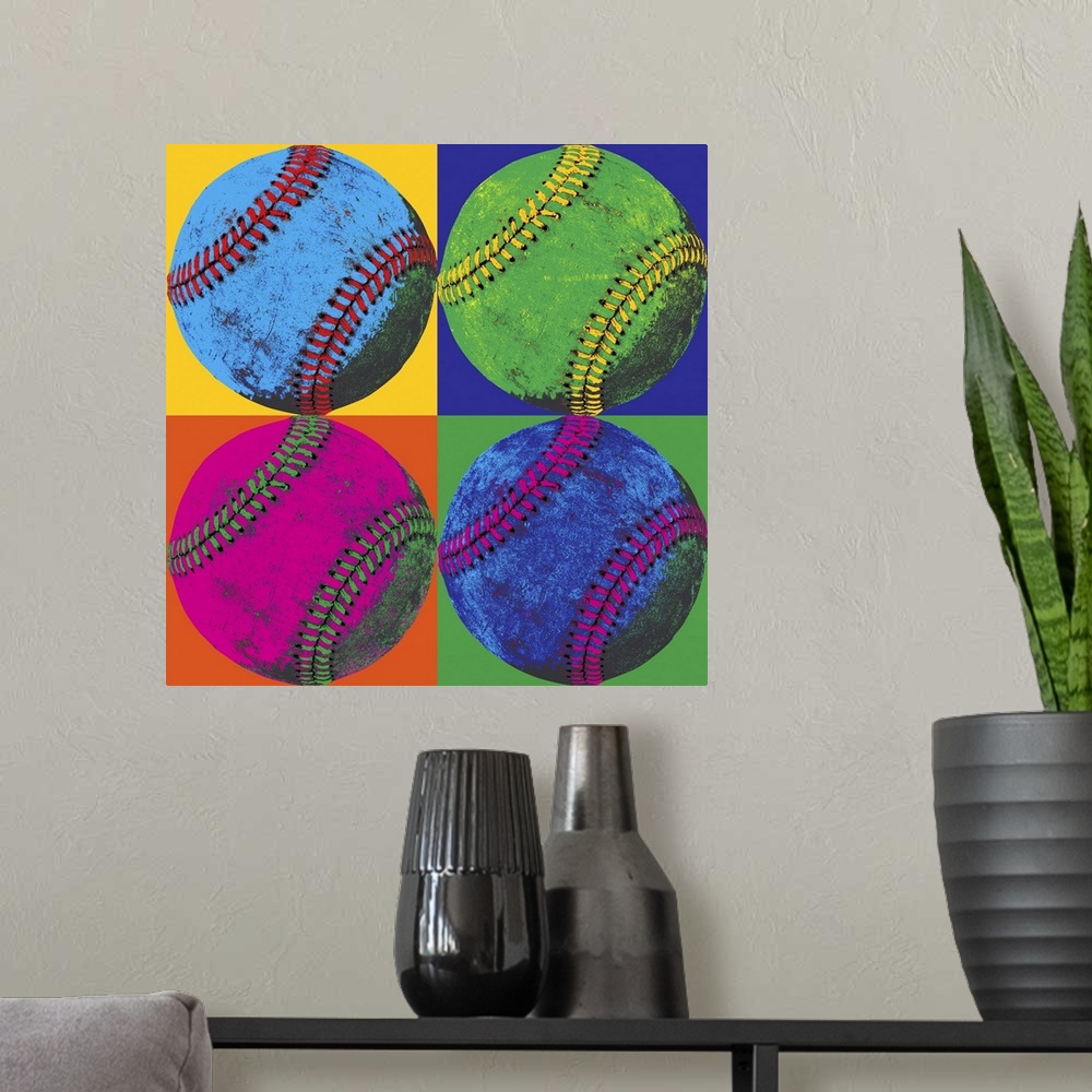 A modern room featuring Pop-art photograph of four neon colored baseballs arranged in a grid pattern with colorful contra...