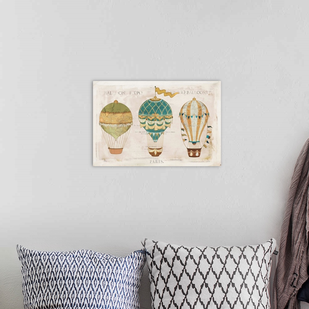 A bohemian room featuring Illustration of colorful hot air balloons on a aged background with a faint map and writing.