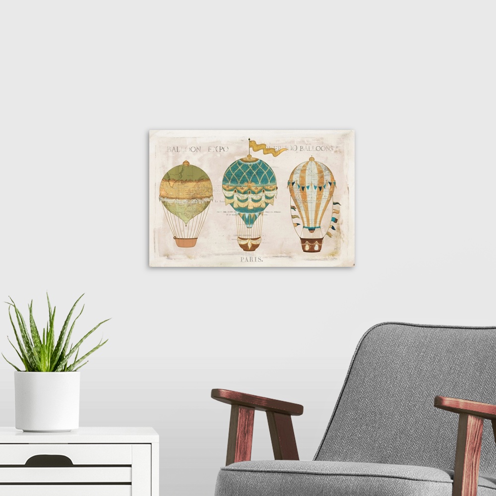 A modern room featuring Illustration of colorful hot air balloons on a aged background with a faint map and writing.