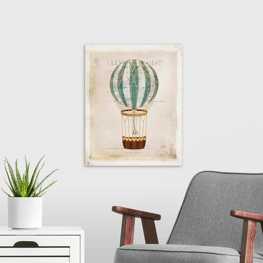 A modern room featuring Illustration of a colorful hot air balloon on a aged background with a faint map and writing.