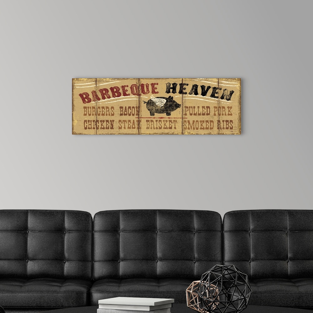 A modern room featuring Long horizontal image on canvas of a painting of a pig with wings with the text "Barbeque Heaven".