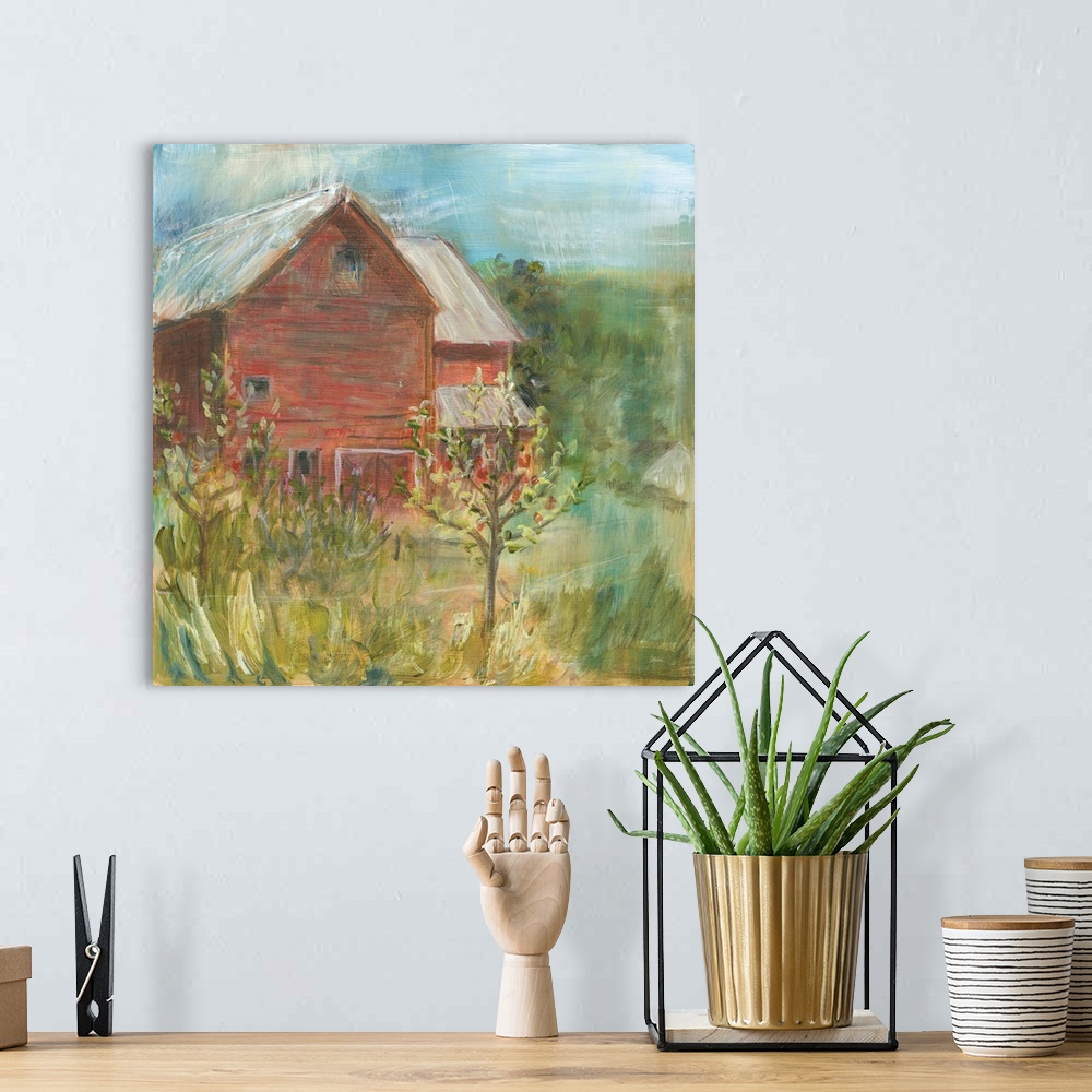 A bohemian room featuring Dacorative artwork of a rustic barn  surrounded by countryside overgrowth.