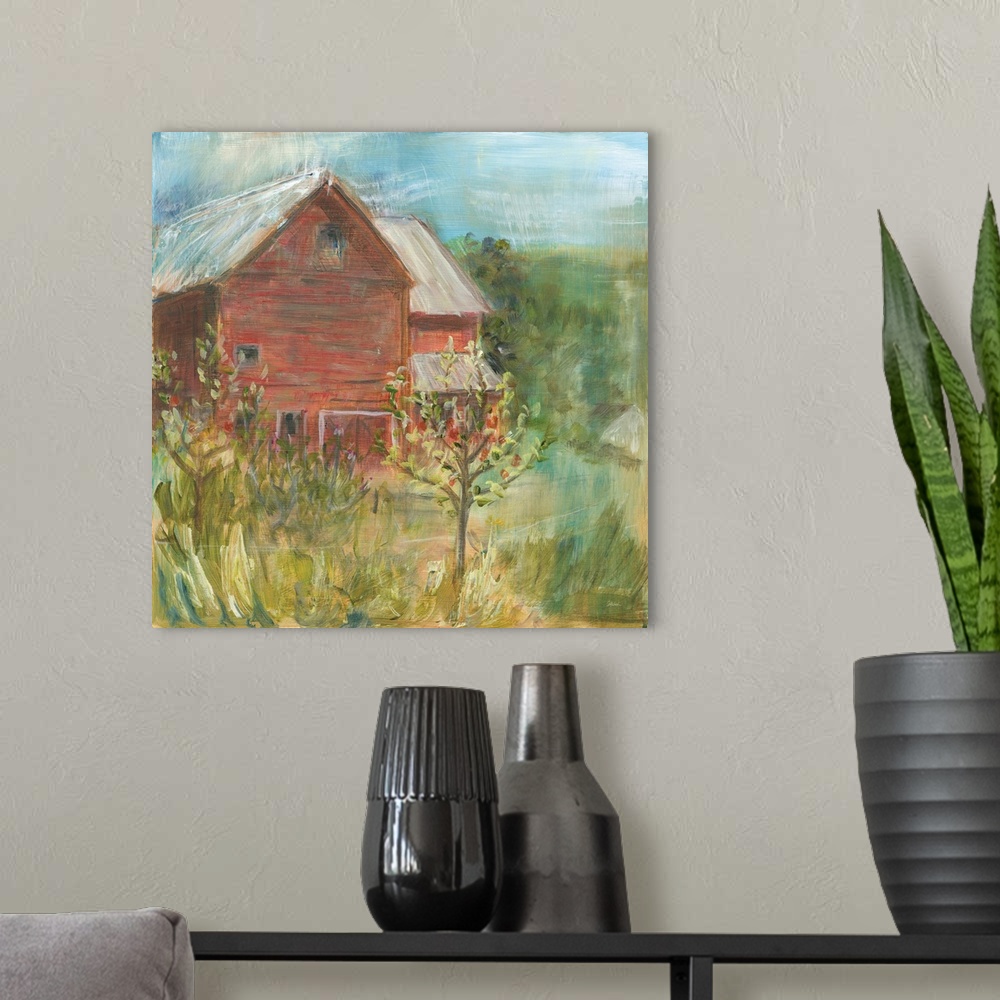 A modern room featuring Dacorative artwork of a rustic barn  surrounded by countryside overgrowth.