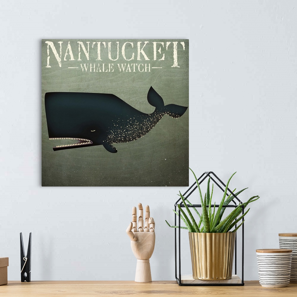 A bohemian room featuring A large spotted whale with the words "Nantucket - Whale Watch."