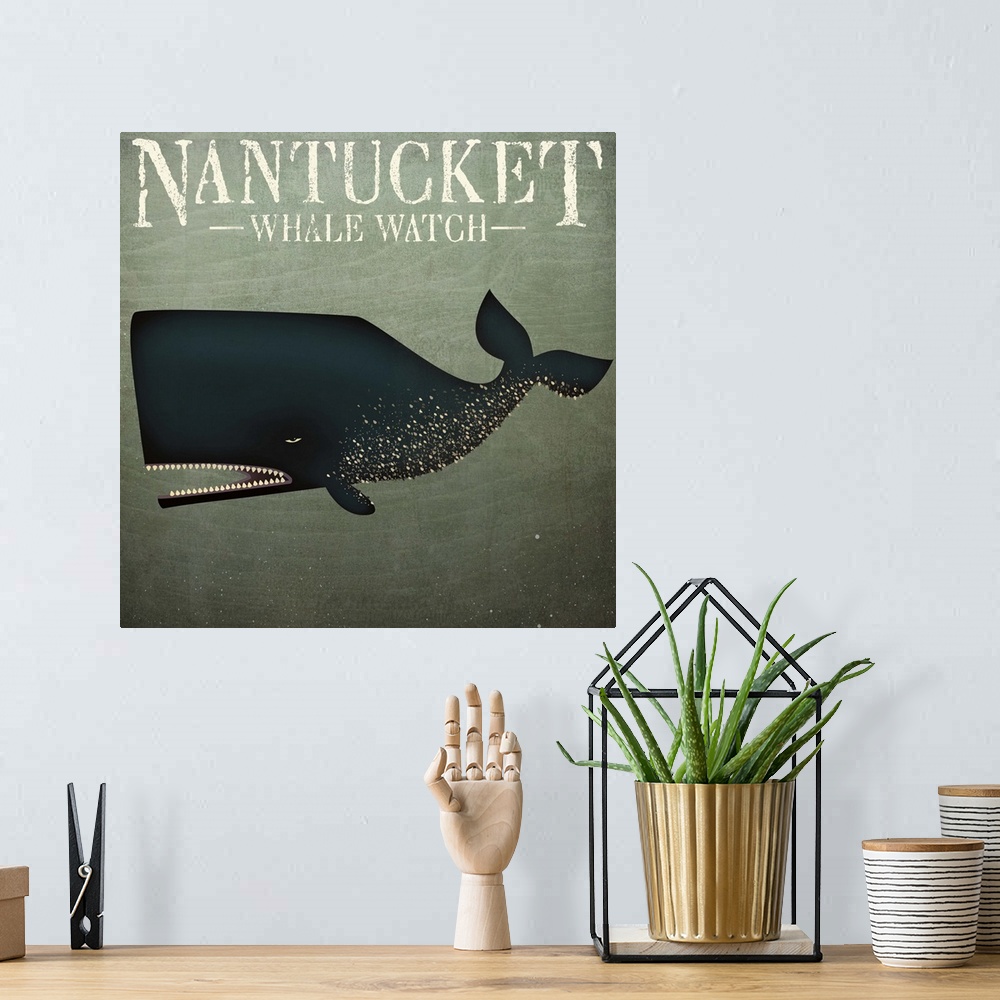 A bohemian room featuring A large spotted whale with the words "Nantucket - Whale Watch."