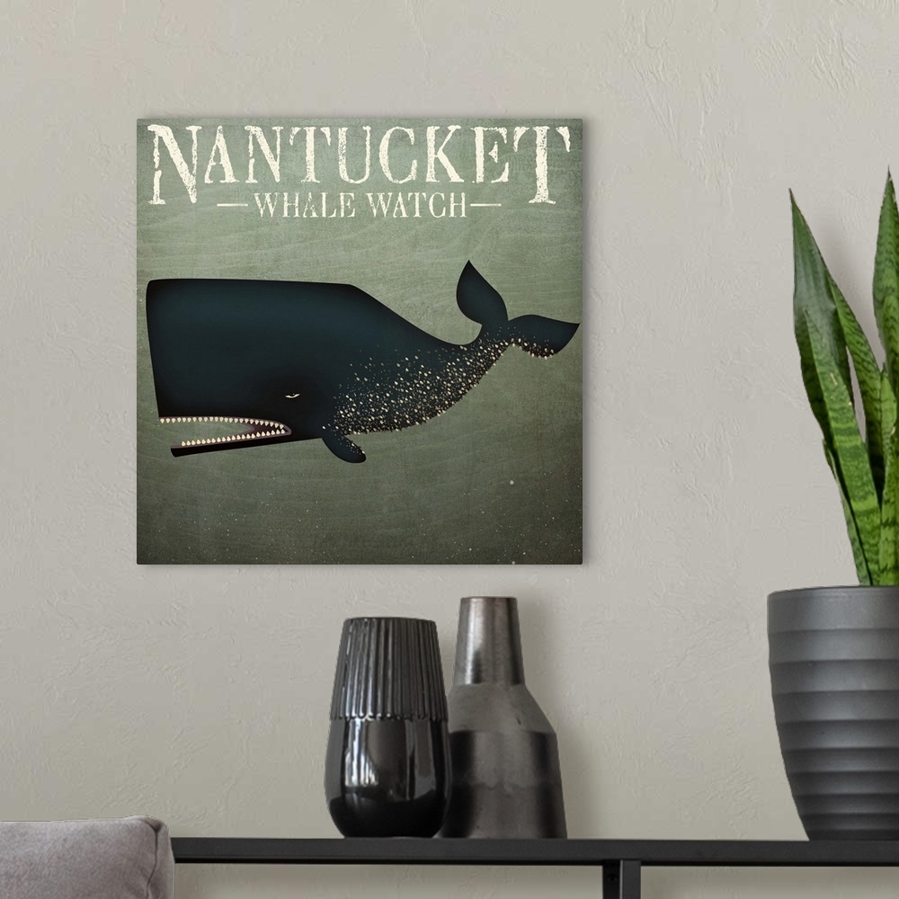 A modern room featuring A large spotted whale with the words "Nantucket - Whale Watch."