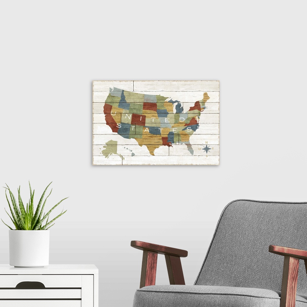 A modern room featuring Map of the United States with each state in different colors, on a wooden board background.