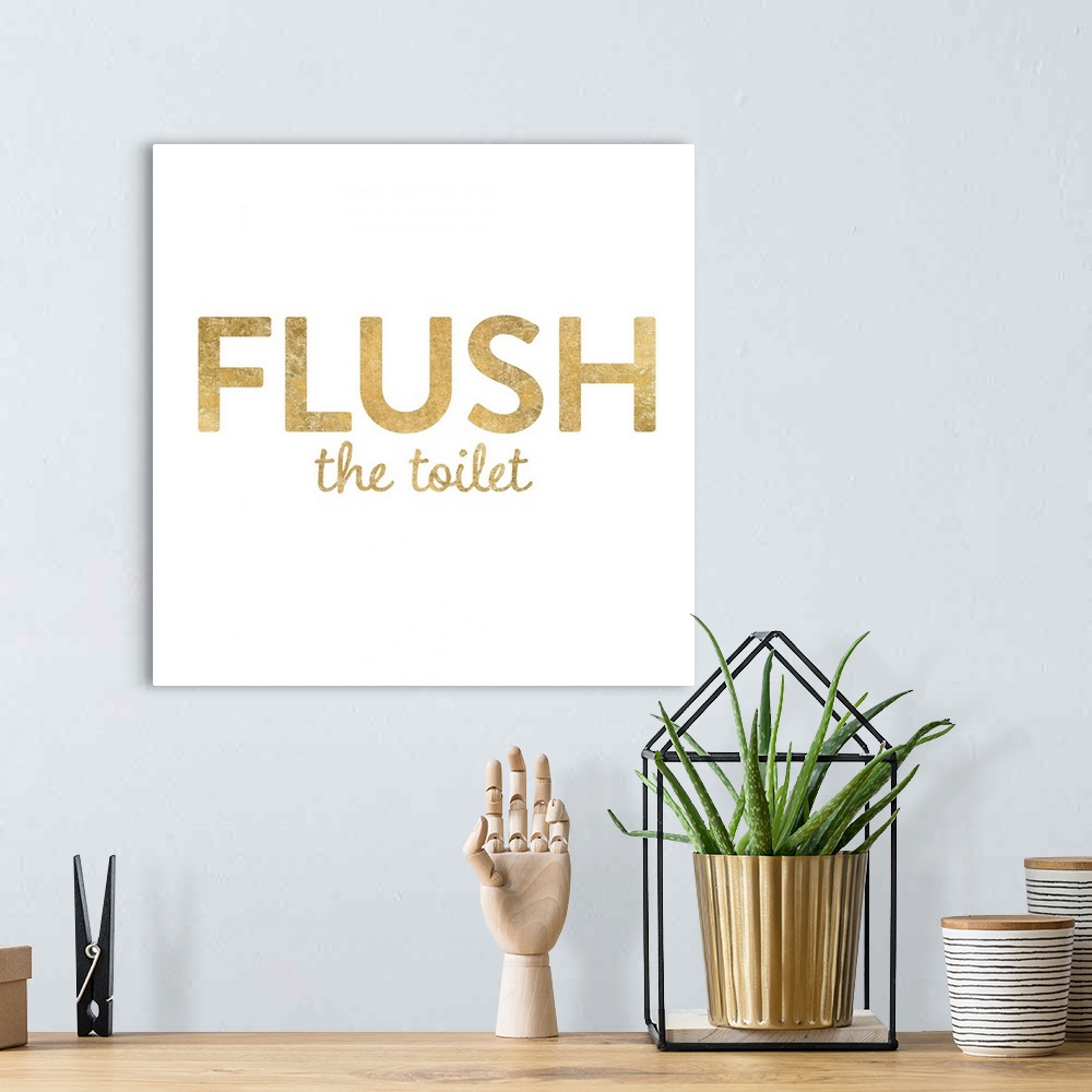 A bohemian room featuring "Flush the Toilet" written in metallic gold on a solid white background.