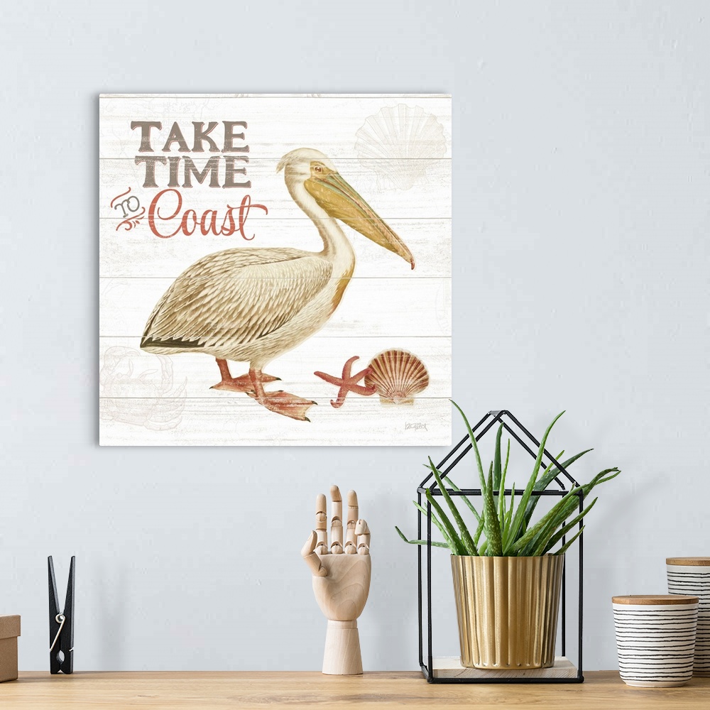 A bohemian room featuring Square beach decor with an illustration of a pelican on a white wooden background and "Take Time ...