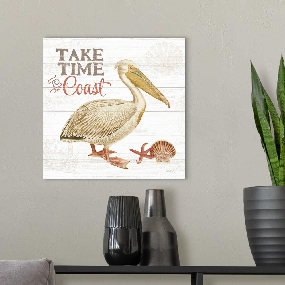 A modern room featuring Square beach decor with an illustration of a pelican on a white wooden background and "Take Time ...