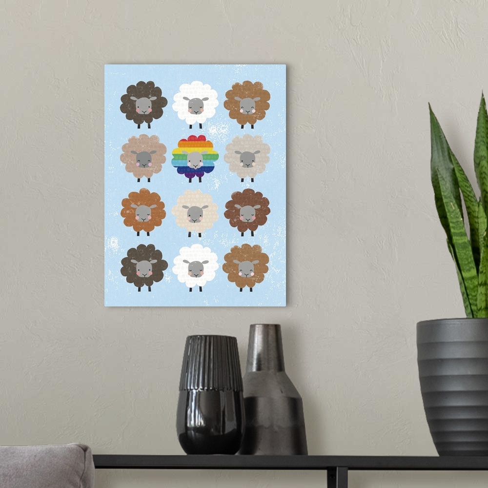 A modern room featuring Be Ewe Brown and Rainbow Sheep 5x7