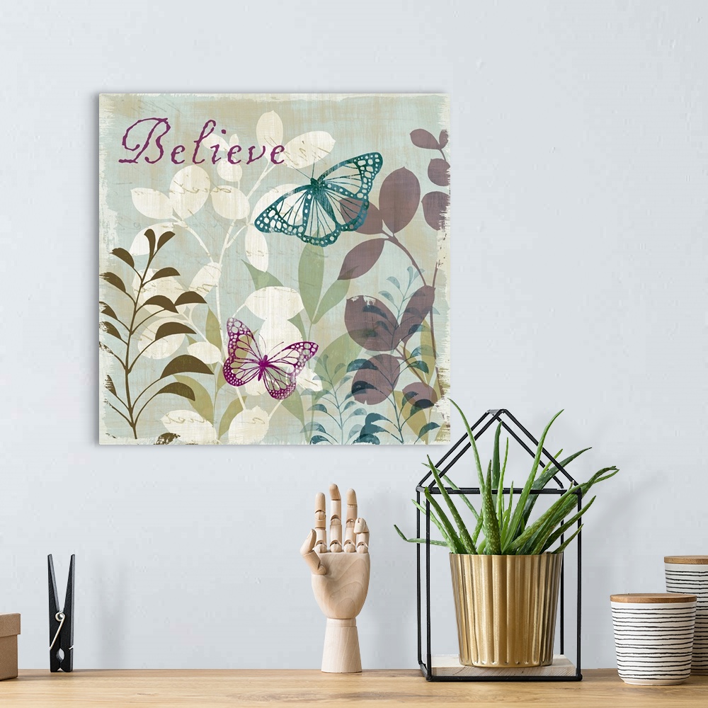 A bohemian room featuring An inspirational piece perfect for the home of drawn butterflies and colorful foliage with the wo...