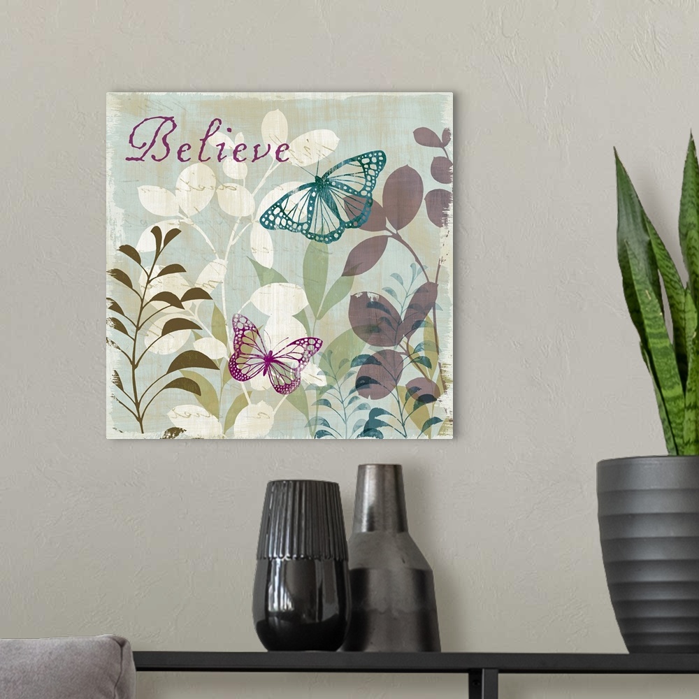 A modern room featuring An inspirational piece perfect for the home of drawn butterflies and colorful foliage with the wo...