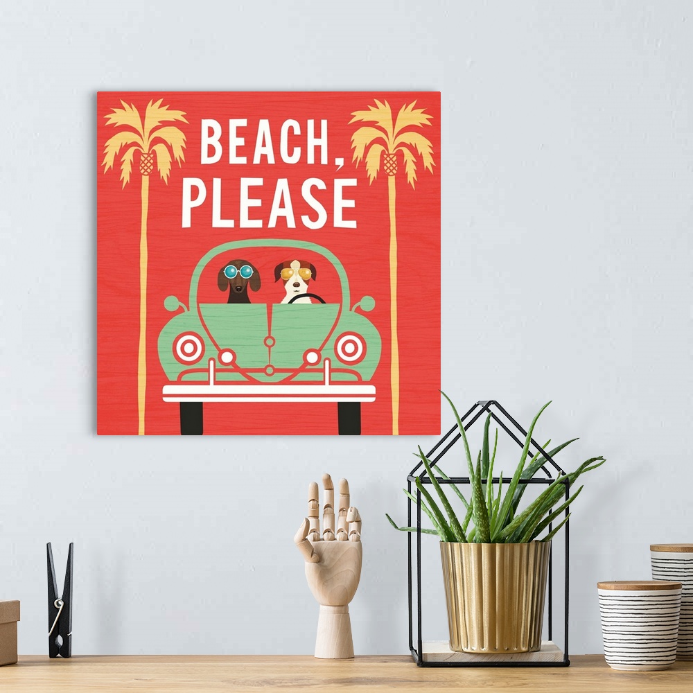 A bohemian room featuring "Beach, Please" illustration of two dogs wearing sunglasses driving in a green car to the beach.